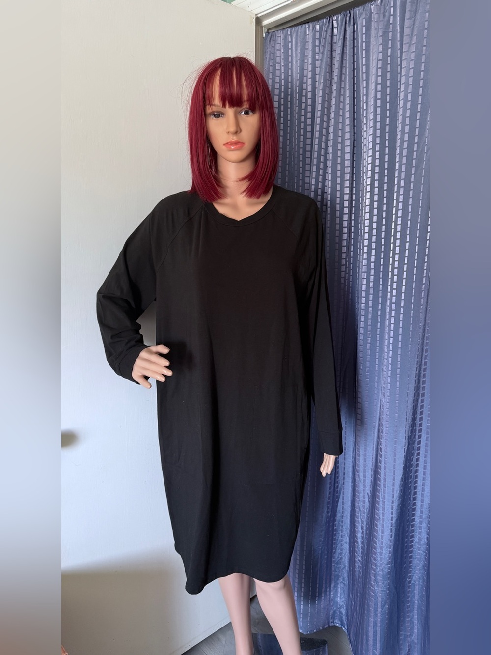 Eileen Fisher Black Organic Cotton Blend Oversized Midi Dress L Pockets